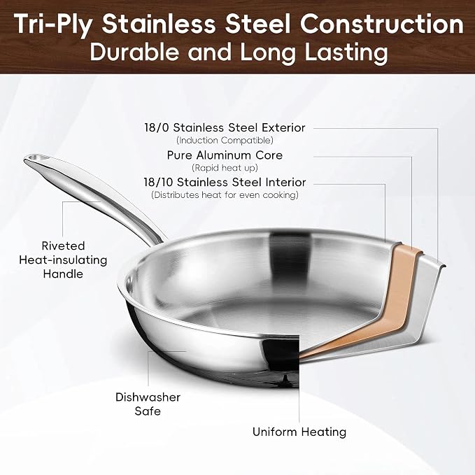 SuperCook 3-Piece Tri Ply Stainless Steel Frying Pan Set, Stainless Skillet Pan - Image 3