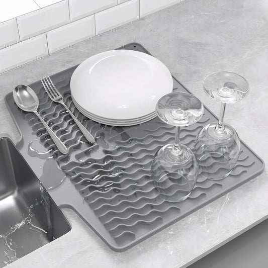 Silicone Dish Drying Mat for kitchen Countertop, Heat Resistant Mats, Dish Drainers for Kitchen counter, Hot Pot Holders, Dish Drying Rack with Built in Drain,(Gray, 15.6"x13")
