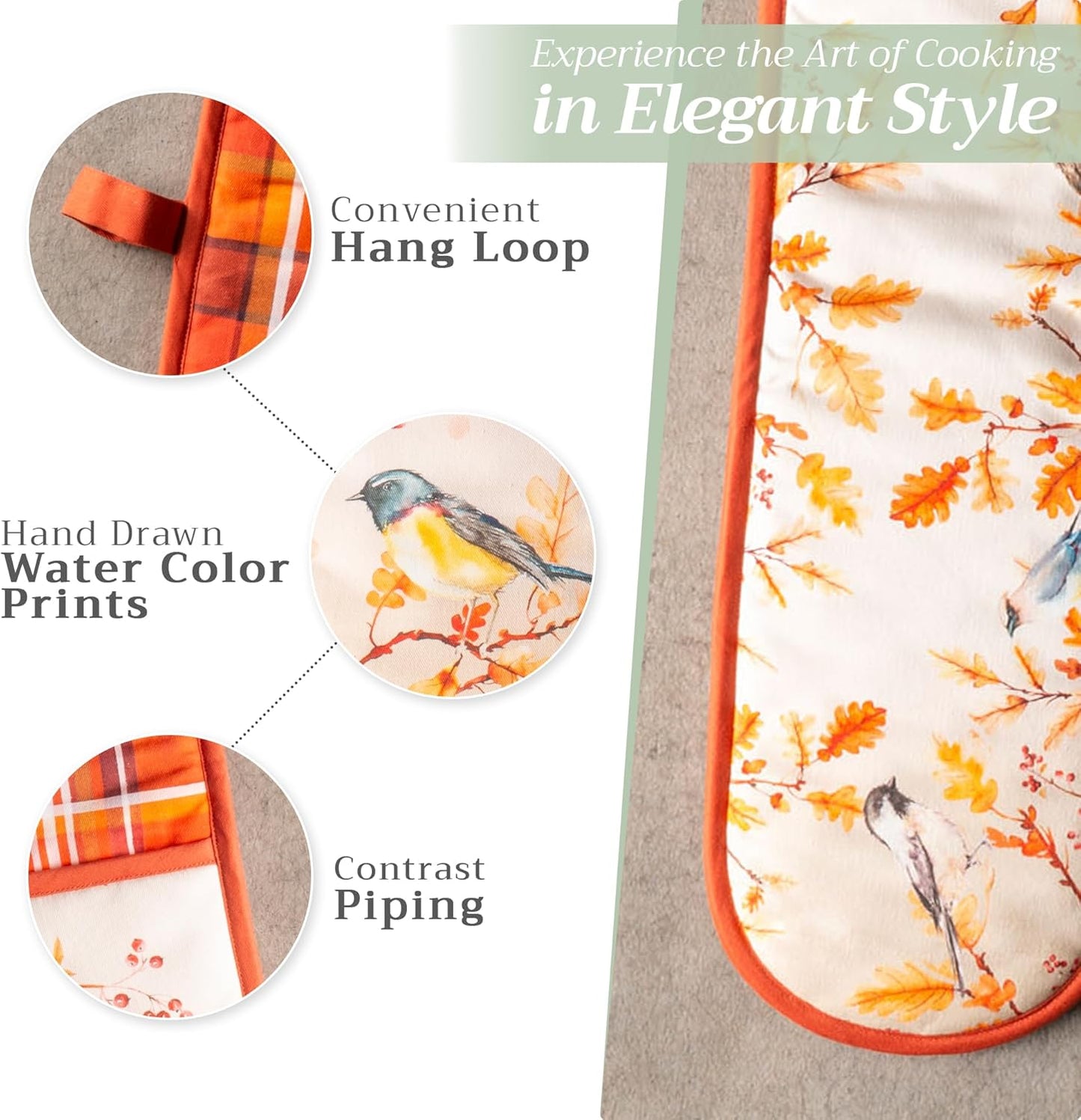 Maison d' Hermine Double Oven Mitt 100% Cotton Heat Resistant Cooking Gloves with Loop, Baking Barbeque, Handling Hot Pan, Oak Leaves - Thanksgiving/Christmas (7 Inch x 35 Inch)