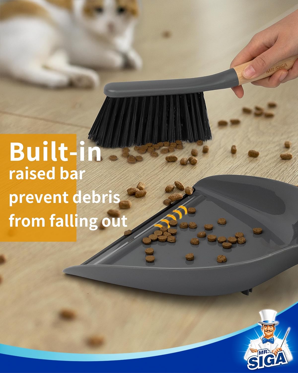 MR.SIGA Dustpan and Brush Set, Portable Cleaning Brush and Dustpan Combo with Bamboo Handle, Gray, 1 Set