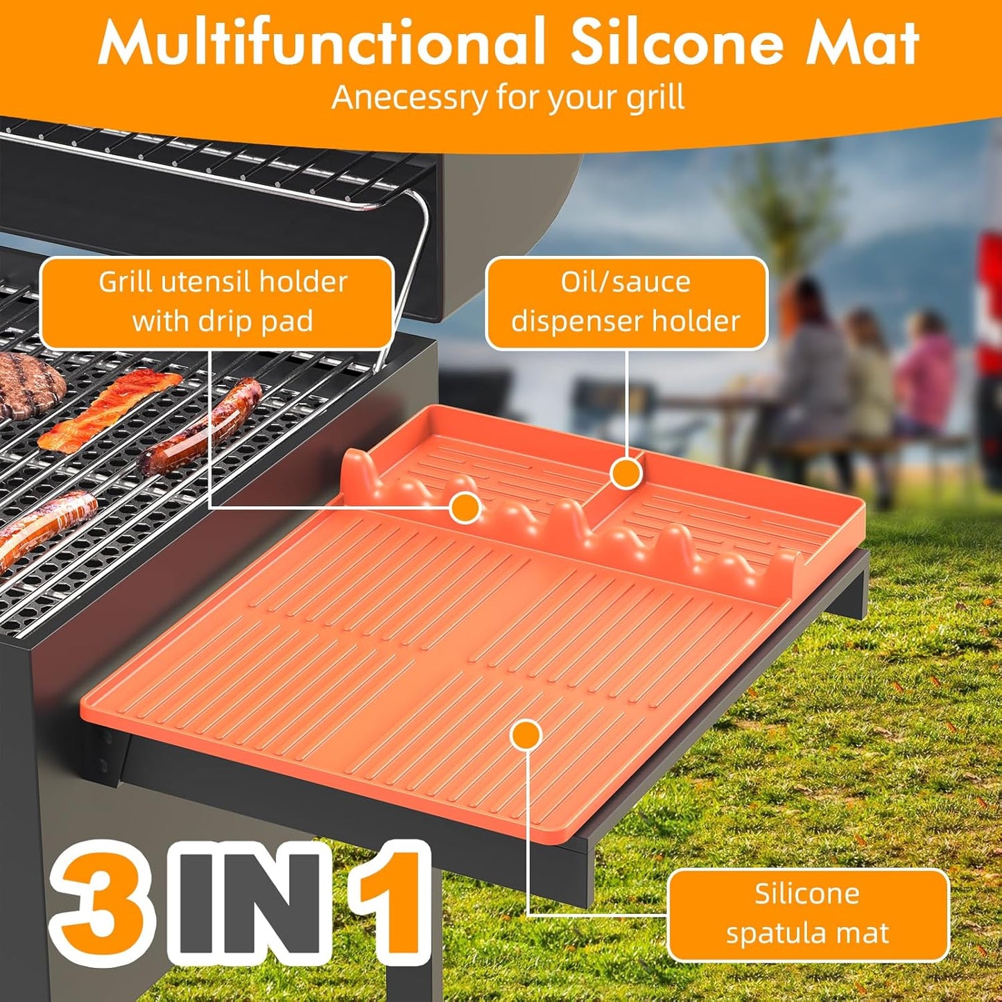 Silicone Griddle Tool Mat Compatible with Blackstone, Spatula Mat with Drip Pad Blackstone Griddle Accessories, Grill Side Shelf Utensil Pad, BBQ Grilling Accessories Gifts for Men(Orange)