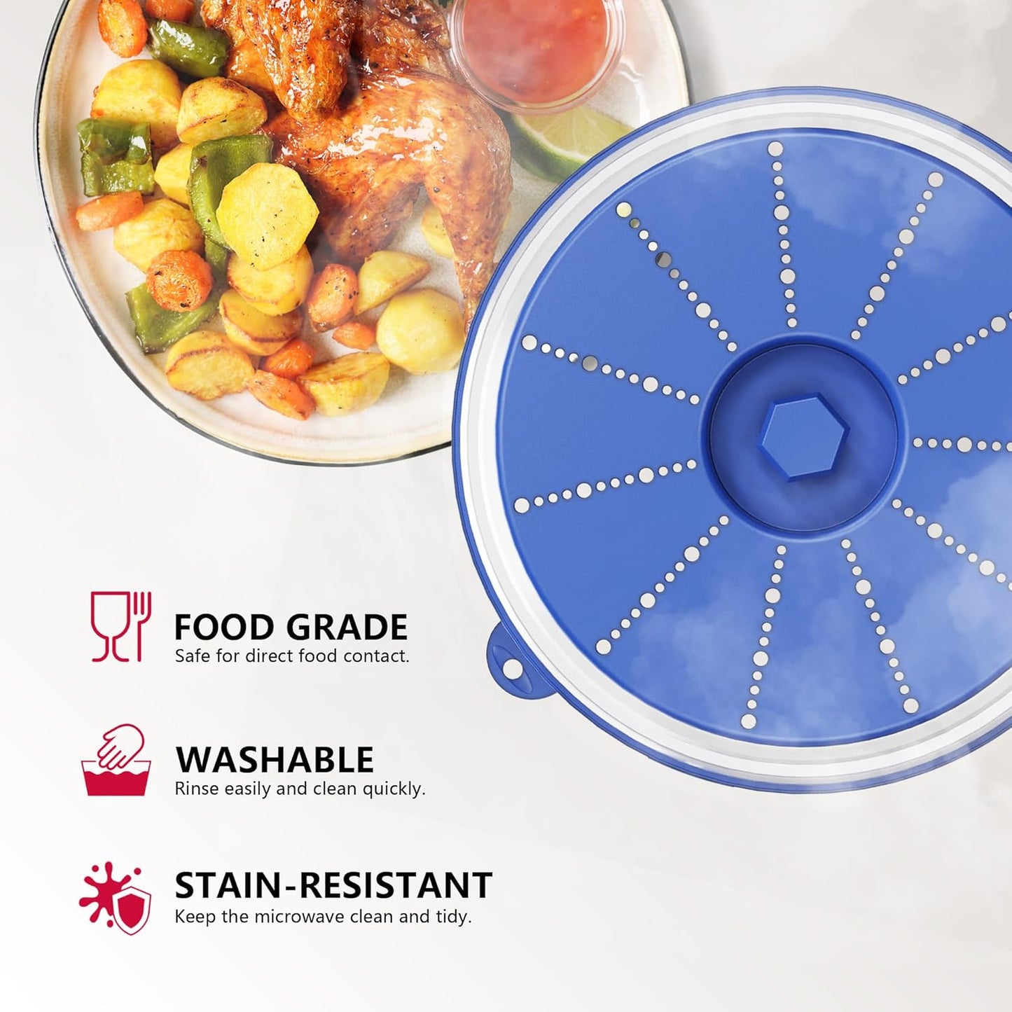WVM Microwave Splatter Cover Vented for Food with Hook Hole, Splatter Guard & Colander Kitchen Gadget for Food, Meal Prep, Blue
