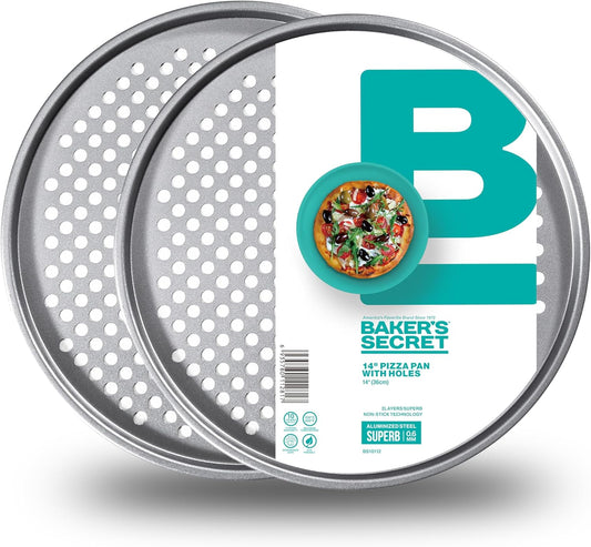 Baker's Secret 2pcs Nonstick Pizza Crisper for Oven 14"", Aluminized Steel Pizza Baking Pan with holes, 2 Layers Non-stick Coating For Easy Release, Dishwasher Safe - The Superb Collection