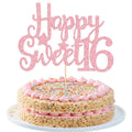 Gyufise 1Pc Pink Glitter Happy Sweet 16 Cake Topper 16th Birthday Cake Topper Sweet 16 Decorations 16th Birthday Decorations
