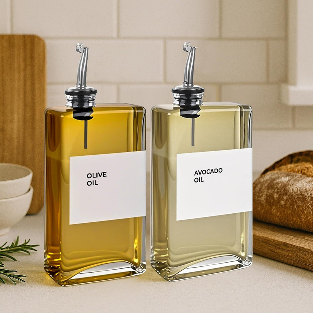Olive Oil Dispenser Bottle - Includes 44 Kitchen Essential Labels - Cooking Oil Bottles for Kitchen, Coffee Syrup Dispenser - Pourer Spout with 11.8 fl oz Glass Container Cruet - 2pcs Silver