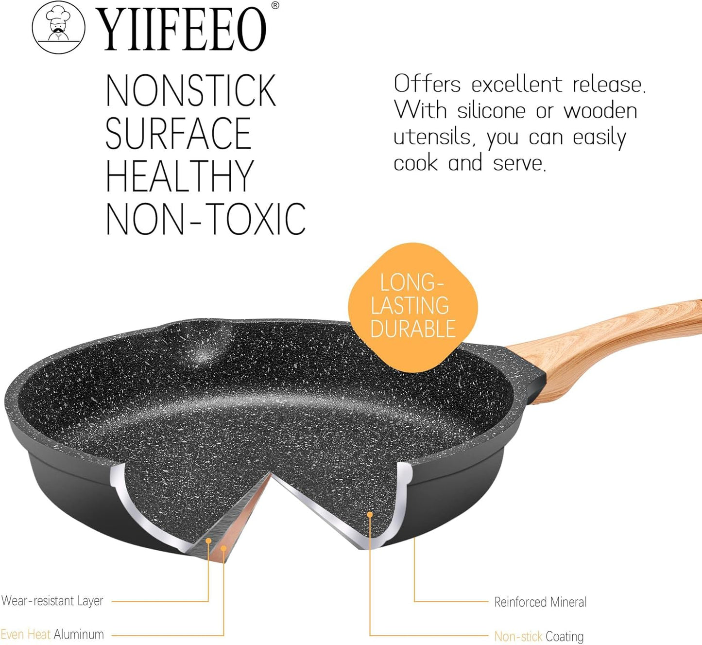 Non Stick Frying Pan Set - YIIFEEO Granite Skillet Set with 100% PFOA & PTFE Free, Induction Egg Omelette Pans for Cooking Pan Set, Cookware Set Nonstick Pots and Pans Set Gift for Women