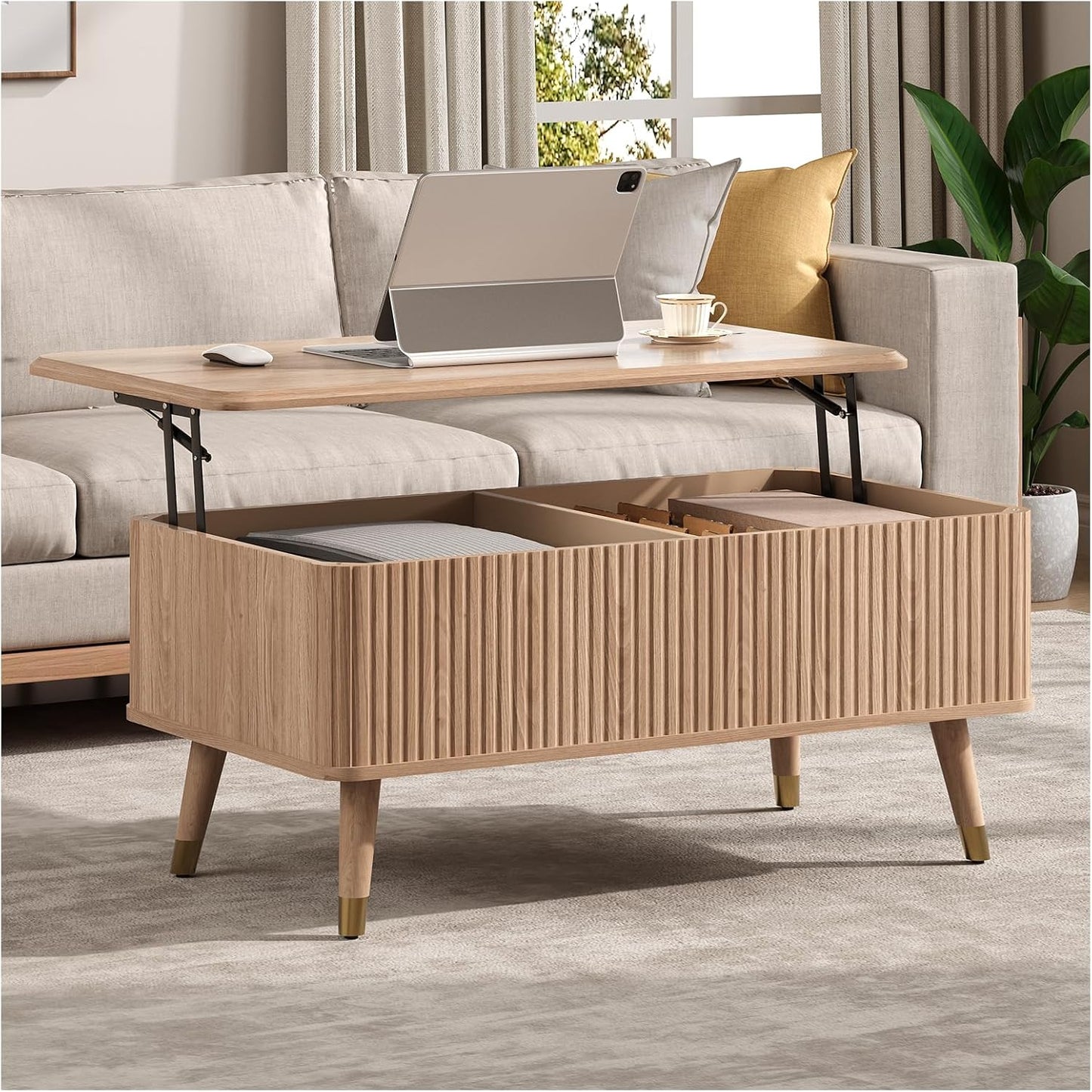 Lift Top Coffee Table, Mid Century Modern Coffee Table with Hidden Storage Compartment, 38" Fluted Center Table for Living Room, Home Office, Natural Oak