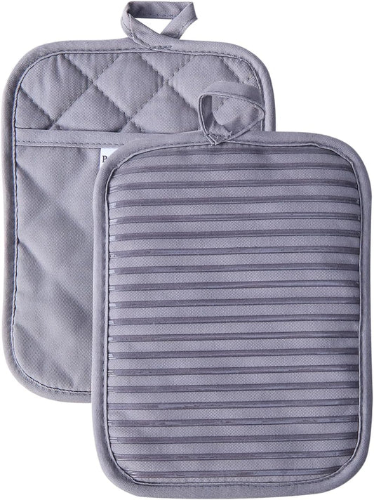 Kitchen Everyday Basic Pot Holder Heat Resistant Coaster Soft Silicone Water Resistant Pot Holder Set Oven Mitts with Pocket, 2 Piece Set, 7"x9" Grey
