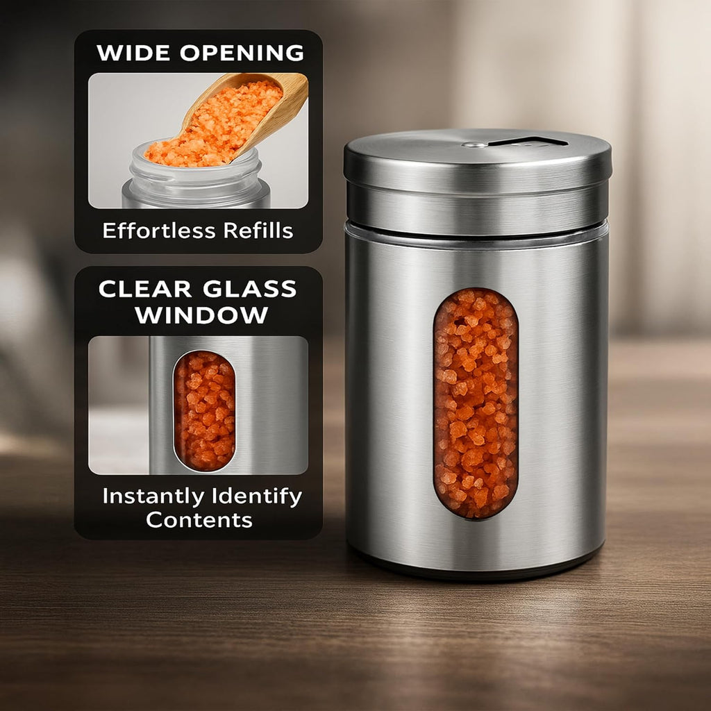 4-Piece Premium Stainless Steel Salt and Pepper Shakers Set – Adjustable Pour Holes Spice Dispenser for Salt, Sugar, Cinnamon, and Pepper – Stylish Kitchen Seasoning and Spice Shaker Set