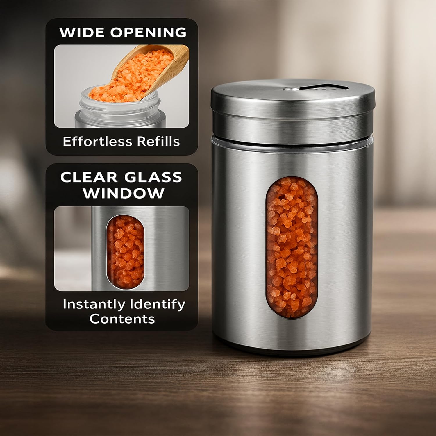 4-Piece Premium Stainless Steel Salt and Pepper Shakers Set – Adjustable Pour Holes Spice Dispenser for Salt, Sugar, Cinnamon, and Pepper – Stylish Kitchen Seasoning and Spice Shaker Set
