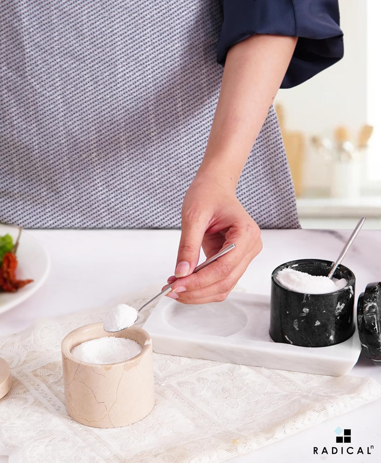 Radicaln Marble Salt Cellar With Lid and Tray 3" Inches Handmade Verona and Black Spice Jar For Kitchen Countertop, Ideal Set of 2 Salt bowl For Home