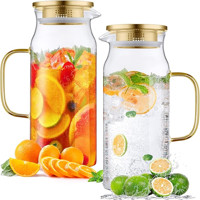 Bivvclaz 2 Pack 2 Liter 68 oz 2.1 Qt Gold Glass Pitcher by Bivvclaz