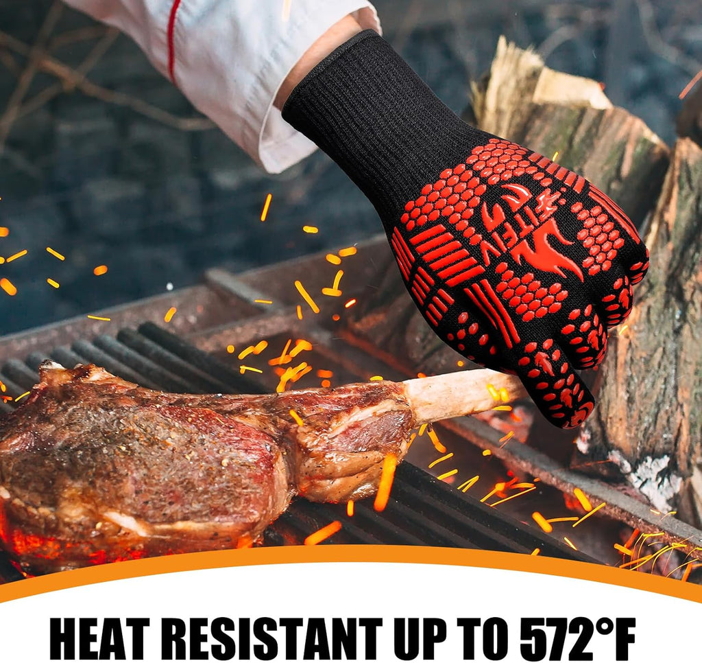BBQ Gloves, Oven Gloves, Extreme Heat Resistant Barbecue Gloves, Silicone Non-Slip Oven Mitts, Kitchen Gloves for Cooking, Grilling, and Baking (Red)