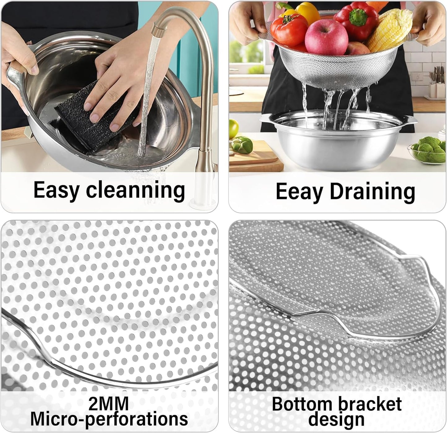 Stainless Steel Colander, 4.5QT Large Capacity with Mixing Bowl, Rice Washing Bowl with Strainer for Washing Vegetables, Fruit, Spaghetti, Pasta Strainer, Dishwasher Safe(2PC)