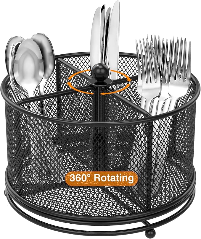 360° Rotating Metal Utensil Caddy, 4 Compartment Silverware Cutlery Holder by Unknown
