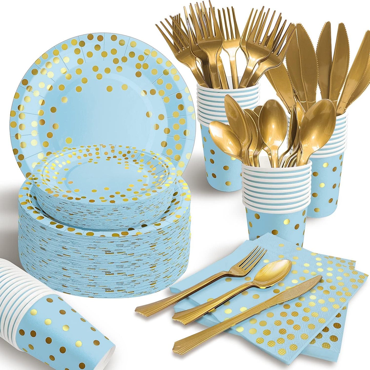 350PCS Blue and Gold Paper Plates Party Decorations Dinnerware Sets for 50 Guests Plastic Forks Knives Spoons, Golden Dot Blue Party Plates Napkins Cups for Birthday Baby Shower Wedding New Year