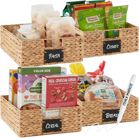 Best Choice Products Set of 4 16x12in Large Water Hyacinth Pantry Baskets, Woven Organizers w/Chalkboard Label, Chalk Marker - Natural