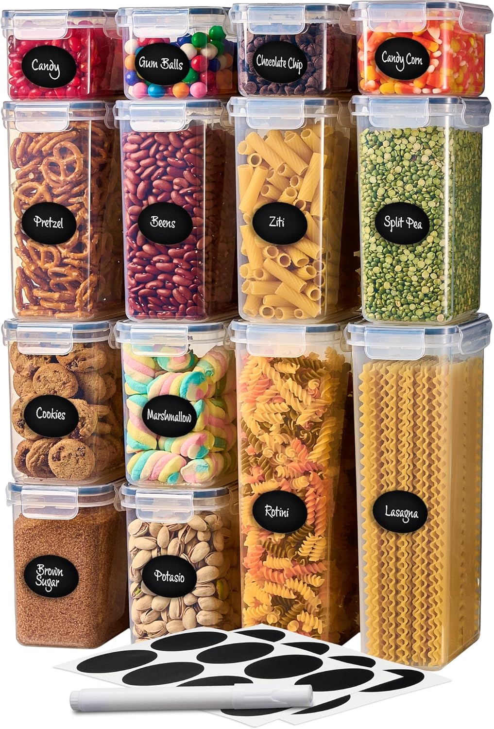 DWËLLZA KITCHEN Set of 14 Airtight Food Storage Containers for Pantry Organization and Storage - Sugar, Flour, Pasta, Spaghetti Plastic Air tight Kitchen Storage Containers With Lids, Labels & Marker
