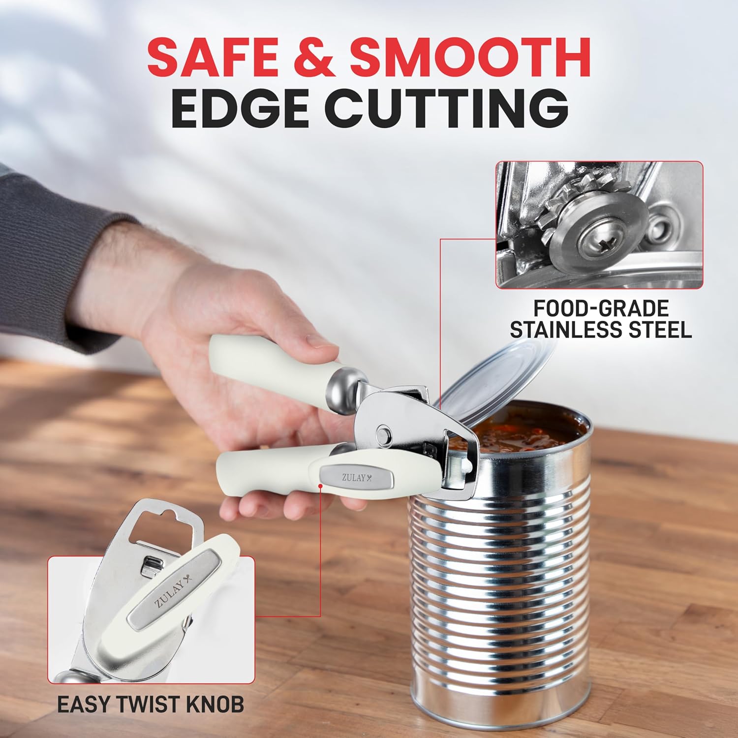 Zulay Kitchen Heavy Duty Stainless Steel Can Opener Manual with Bottle Opener - Rust Proof Manual Can Opener With Turn Knob & Soft Grip Handles