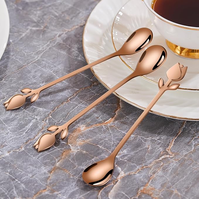 Rose Gold Tulip/Rose Handle 12-Pcs Mini Coffee Spoons Set - Image 8