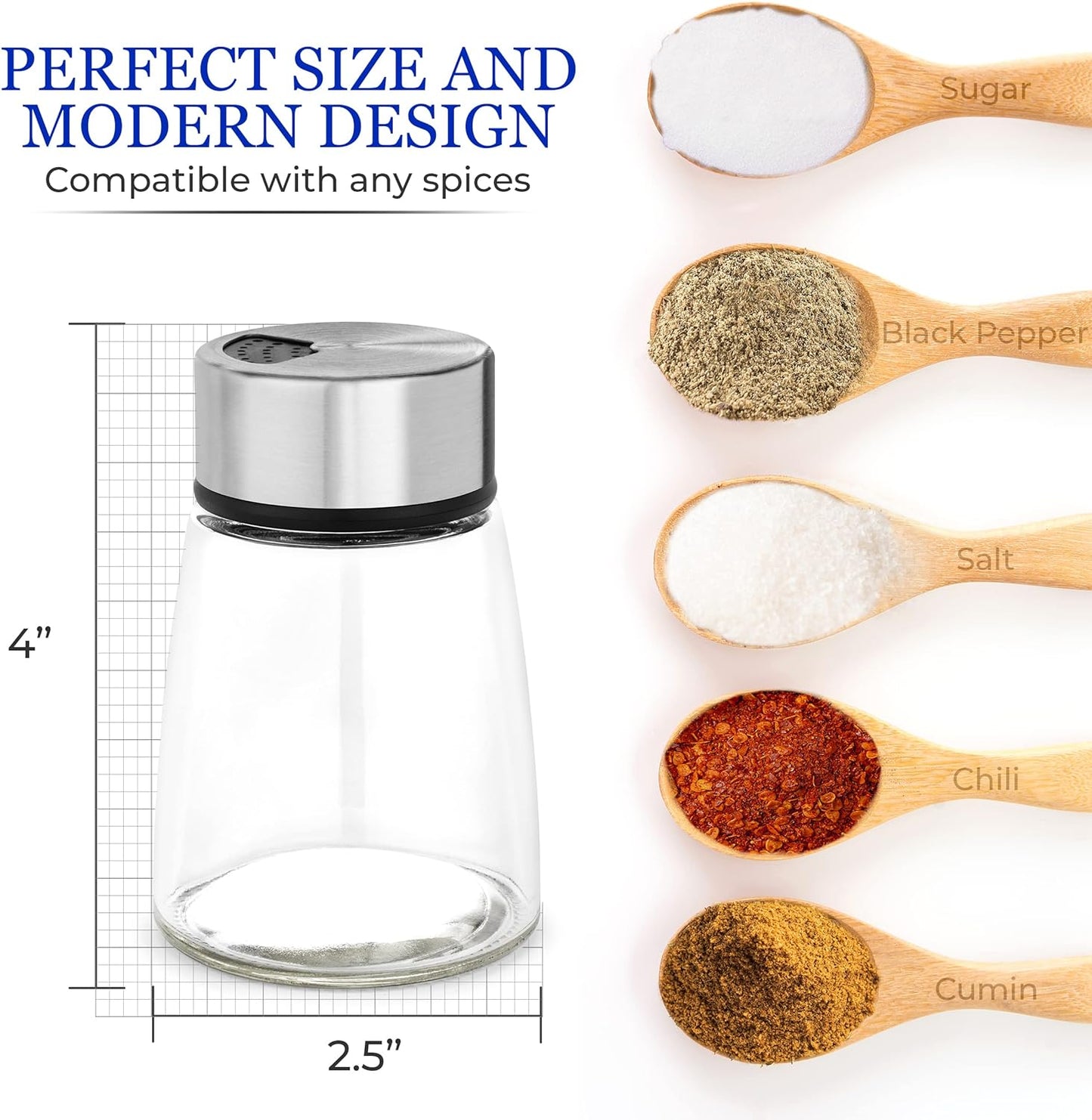 Salt and Pepper Shakers Set with Adjustable Pour Holes - Stainless Steel Spice Dispenser - Perfect for Pink Himalayan, Table Salt, Black and White Pepper