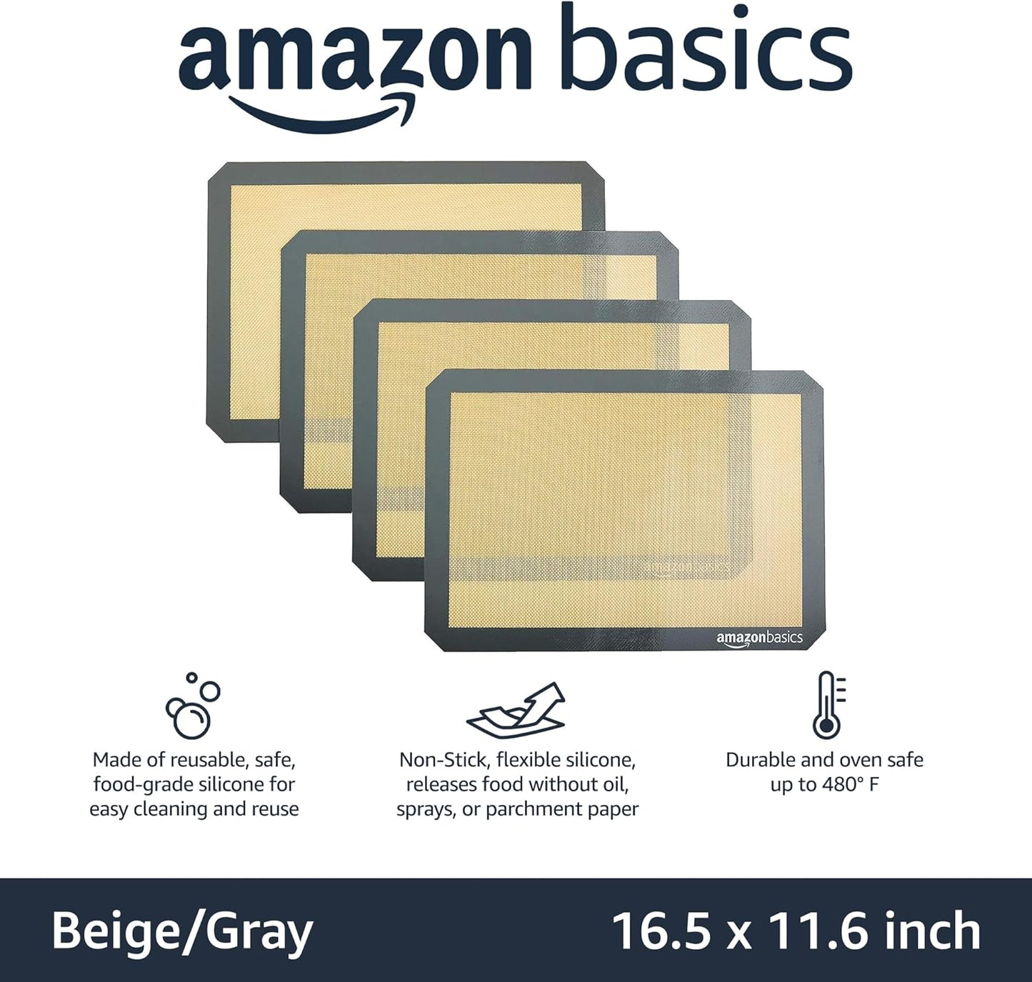 Amazon Basics Silicone, Non-Stick, Food Safe Baking Mat, Pack of 4, Beige/Gray, Rectangular, 16.5" x 11.6"