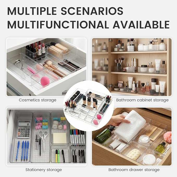 27 PCS Clear Plastic Drawer Organizer Set, 4 Sizes Acrylic Drawer Storage Trays - Image 6