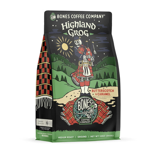 Bones Coffee Company Highland Grog, Butterscotch Caramel Flavored Coffee, Medium Roast Low Acid Arabica Beans Compatible with Auto drip and French Press Coffee Maker, 12 Oz Ground