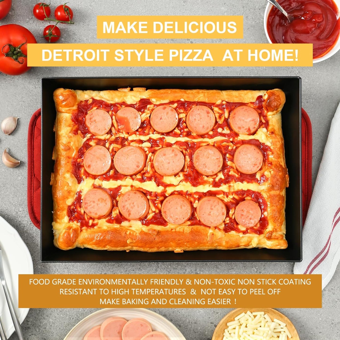 Detroit Style Pizza Pan 10x14x2.5 (Non-Stick, BPA & PFOA Free) Heat-Resistant Up to 800°F, Pre-Seasoned Authentic Hard Anodized Detroit Deep Dish Pizza Pan, Five-Year Free Replacement