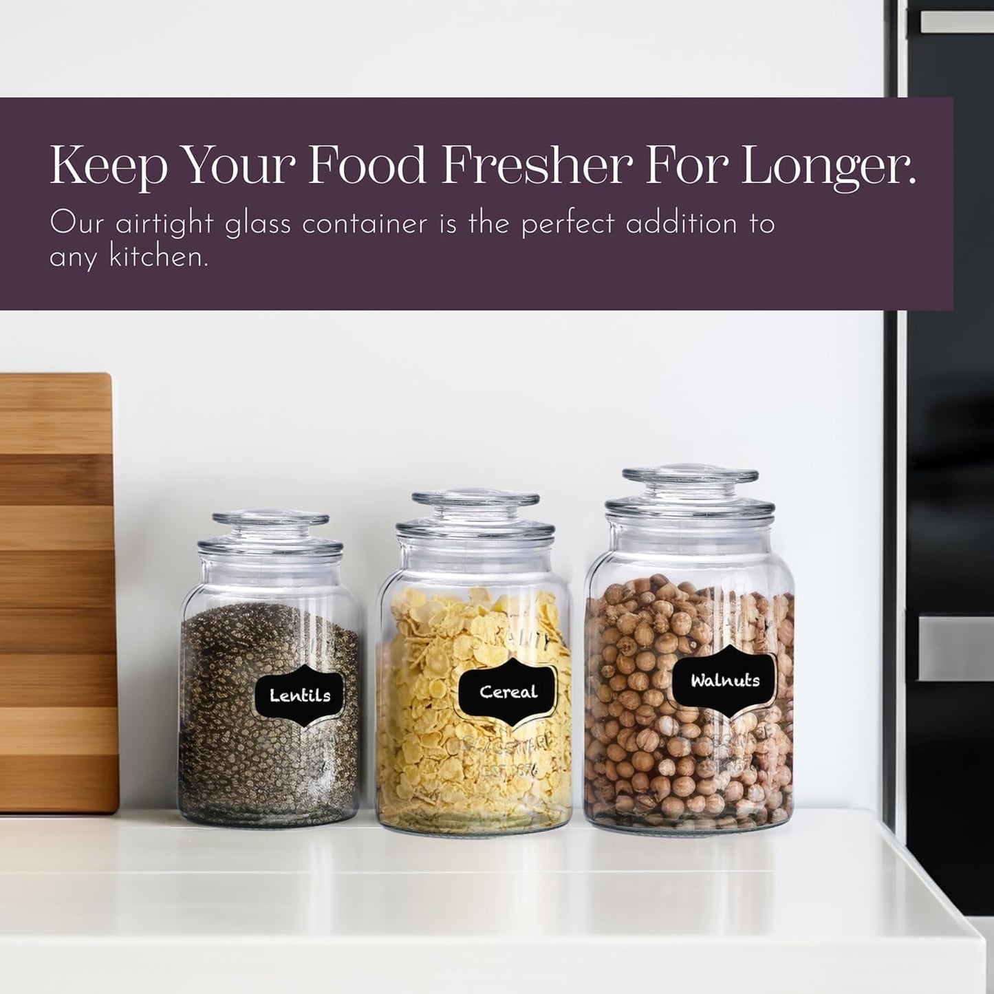 WHOLE HOUSEWARES Glass Canisters with Airtight Lids Set of 3 - Glass Storage Jars for Candy, Cookie, Flour, Sugar, Coffee - Sealed Food Storage for Pantry - Clear Containers for Kitchen Counter