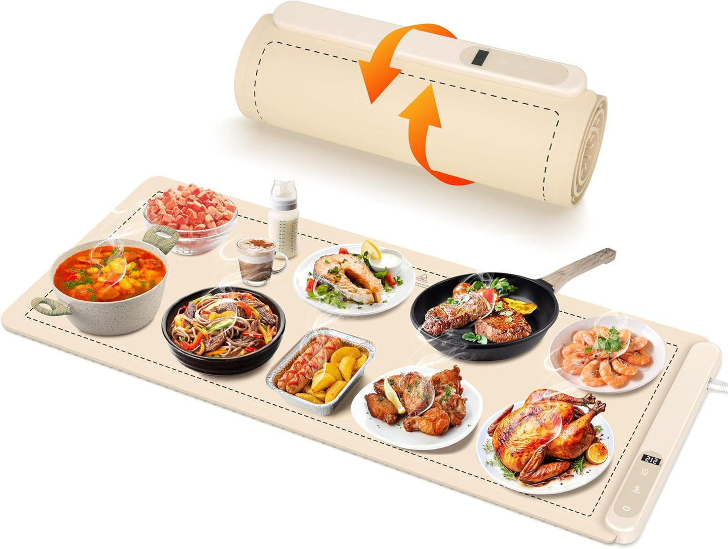 OcePor (XXL 36"x16") Food Warming Mat, Electric Warming Tray,Foldable Food Warmer for Parties, Buffets, Family Gatherings, Holiday & Sabbath, Child Lock, Heating Mat for Food, (Beige Yellow)