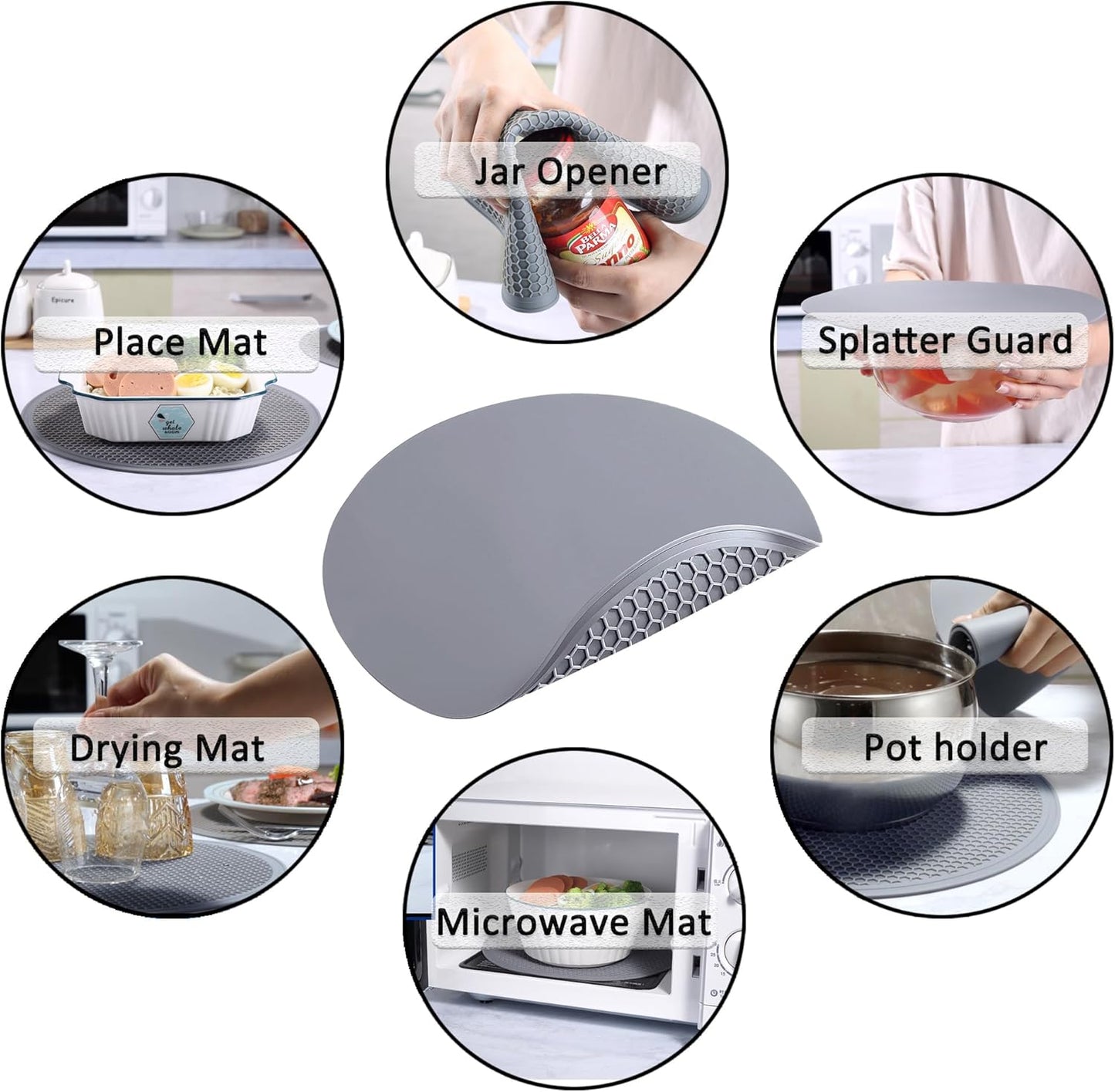 To encounter Silicone Microwave Mat - Round 12" x 12" - Set of 4 Heat Resistant Multifunctional Mat, Splatter Guard, Trivet, Hot Pad, Pot Holder