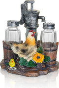 Rustic Salt And Pepper Shakers Set - Salt And Pepper Dispenser with Resin Hen Well Figurine And Statues Holder - Farmhouse Kitchen DéCor with Glass Spice Jars