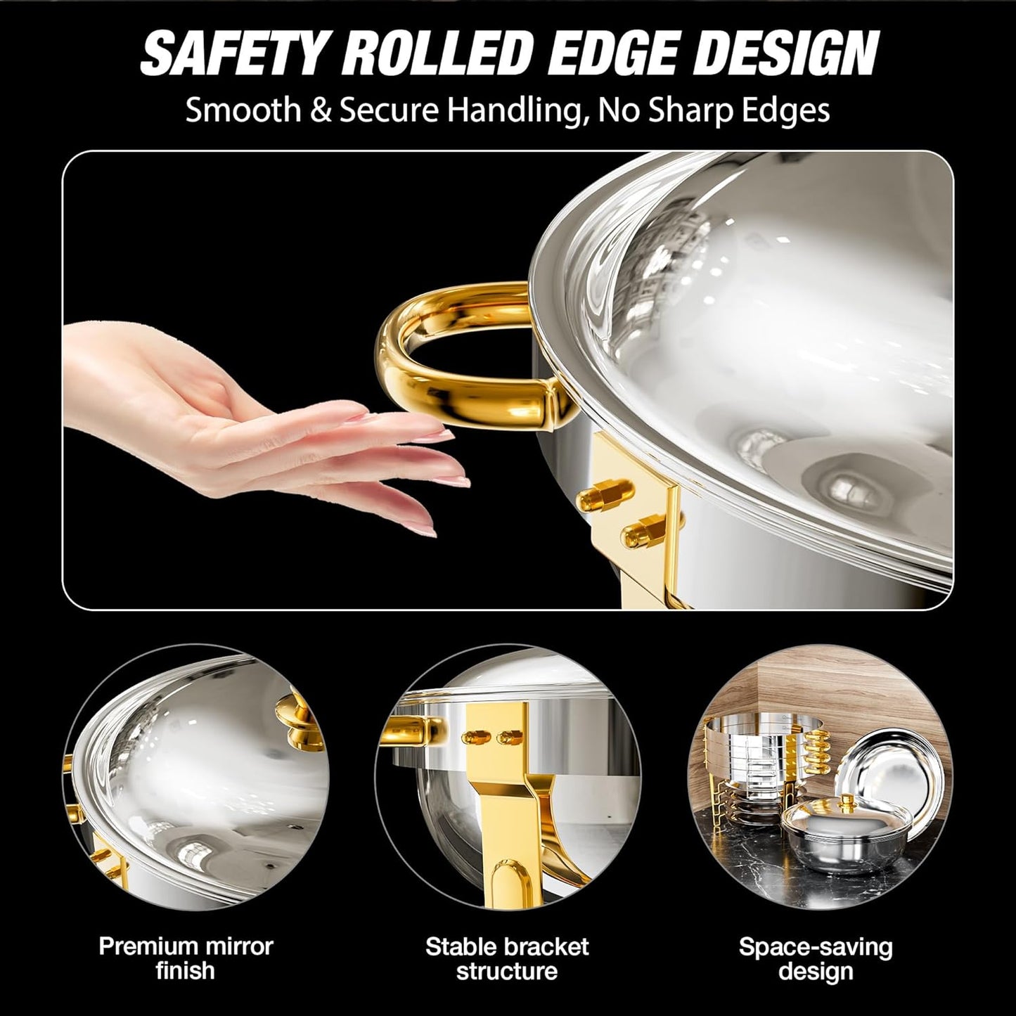 Gold Chafing Dishes for Buffet (5QT, 4 Pack), Round Chafers and Buffet Warmers Sets, Food Grade Stainless Steel Chafing Dish Set, Rolled Edge Design, for Catering Events, Parties, Weddings