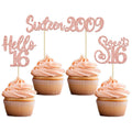 Gyufise 24pcs 16th Birthday Cupcake Toppers - Rose Gold Glitter Hello Sweet 16 Cupcake Picks - 2009 16th Birthday Cake Decorations for Anniversary Party Supplies