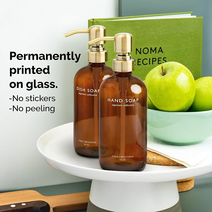 Vine Creations Amber Glass Soap Dispenser Set, Dish Soap and Hand Soap - Image 3
