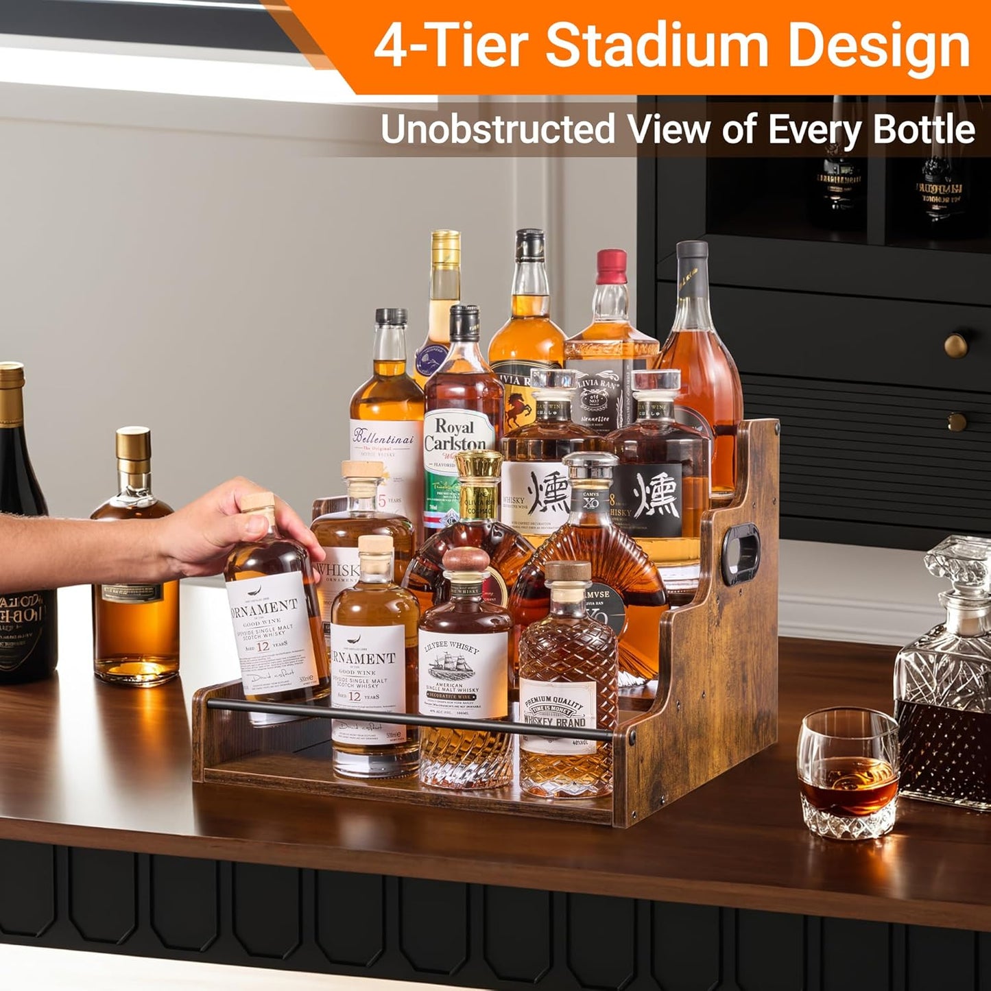 2 Pack 4-Tier Liquor Bottle Display Shelf, 16-Inch Wooden Bar Shelves for Liquor Bottles, Countertop Whiskey Shelf and Bourbon Shelf Organizer for Home Bar, Kitchen (Rustic Brown)