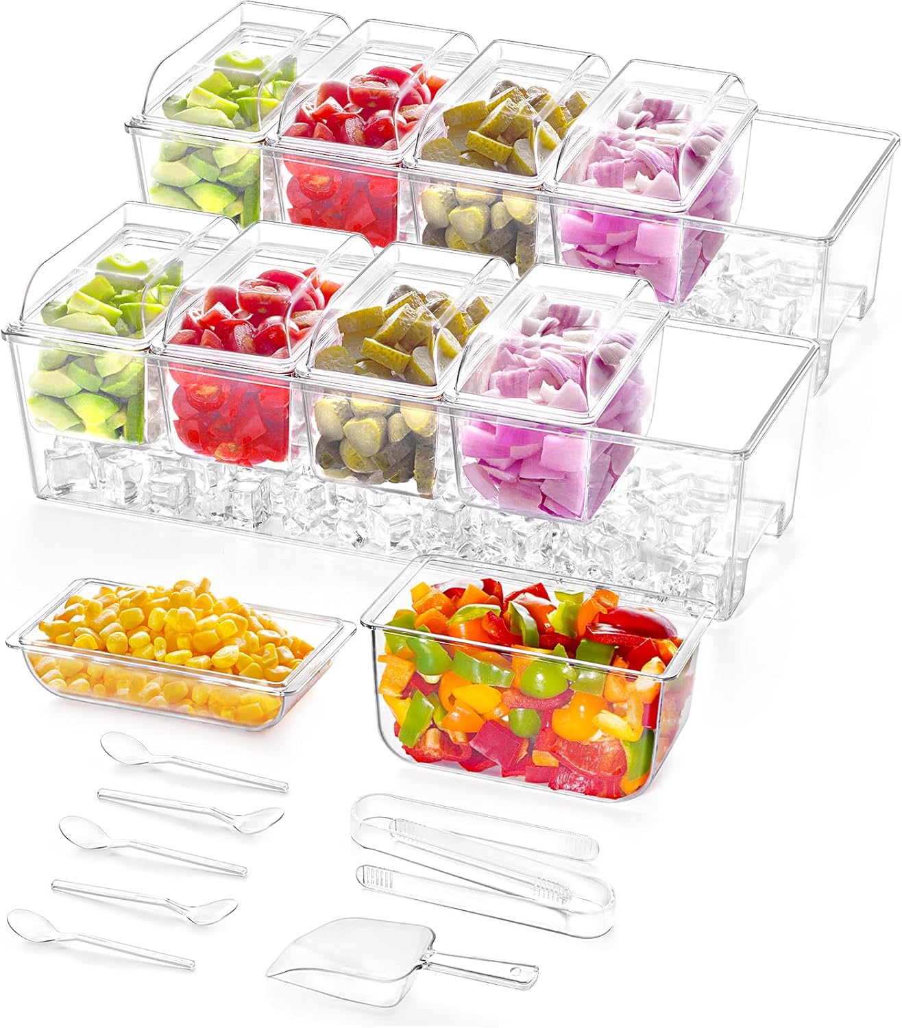 Lifewit 2 Pack Taco Bar Serving Set for Party with5Containers(2.5 Cup)&Components,Large Ice Chilled Condiment Caddy Organizer, Garnish Serving Tray Platter for Mimosa Bar Accessories,Fruit,Salad,Food