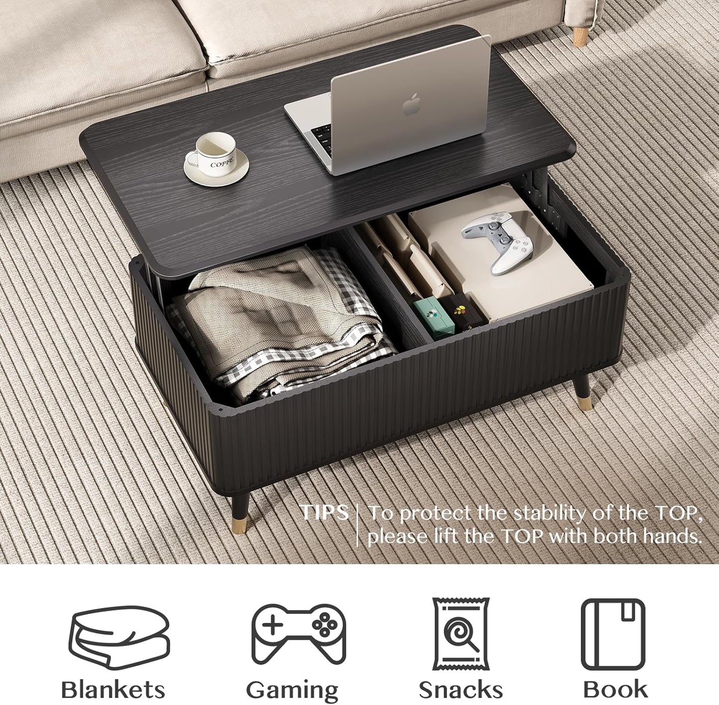 Lift Top Coffee Table, Mid Century Modern Coffee Table with Hidden Storage Compartment, 38" Fluted Center Table for Living Room, Home Office, Black