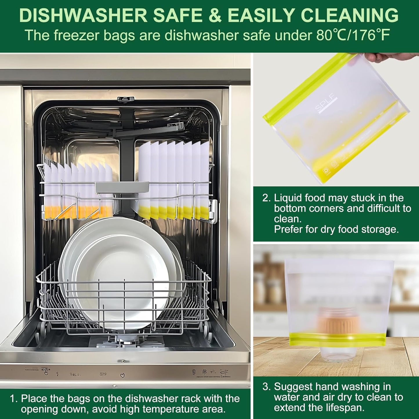 SPLF 10 Pack Stand-Up Reusable Food Storage Bags Dishwasher Safe, BPA Free Reusable Freezer Bags, Extra Thick Leakproof for Meal Prep, Sandwich, Bread, Veggies - 3 Gallon 4 Quart 3 Snack