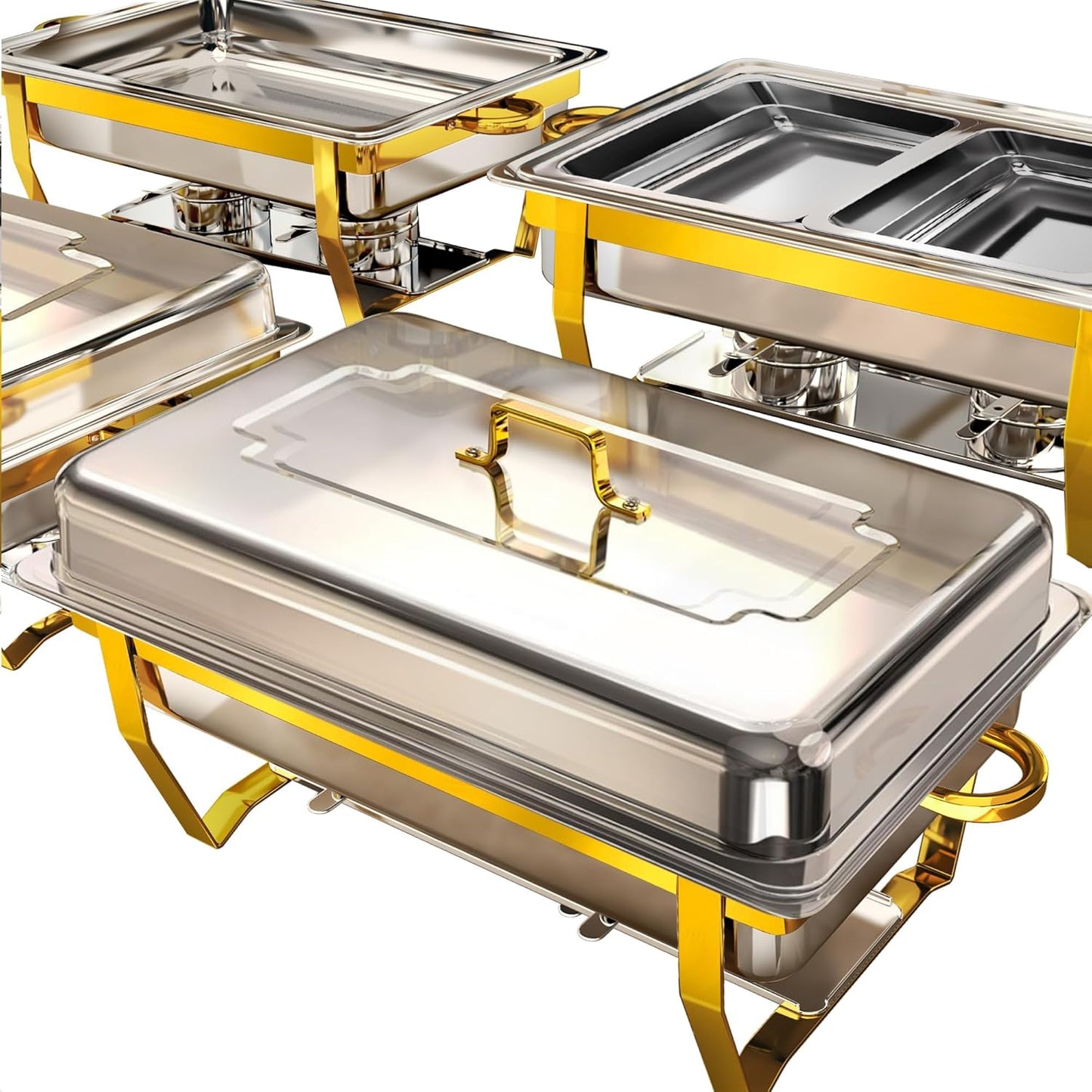 Chafing Dishes for Buffet 4 Pack, [Elegant Gold and Silver] Stainless Steel Chafing Dish Buffet Set, 9QT No-Finger Cut Roll Edge Chafers and Buffet Warmers Sets for Party (Gold 1/2 Panx2+Full Panx2)