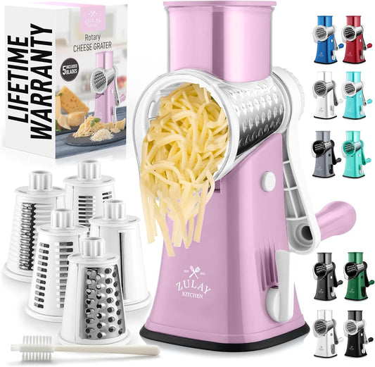 Zulay Kitchen Rotary Cheese Grater 5 Blade Cheese Shredder - Manual Hand Crank Cheese Grater With Reinforced Suction & 5 Interchangeable Drums - Easy to Use, Vegetable Chopper Round Mandoline Slicer