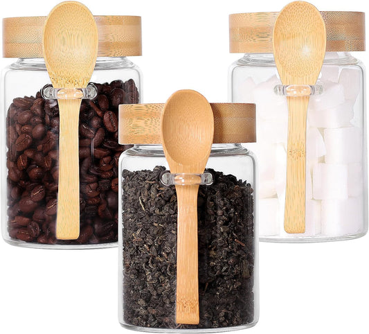 Glass Jar with Screw Lid and Spoon, 3 Pack 16 OZ Tea Containers for Loose Leaf Tea, Salt and Sugar Containers for Countertop, Yogurt Jars for Overnight Oatmeal