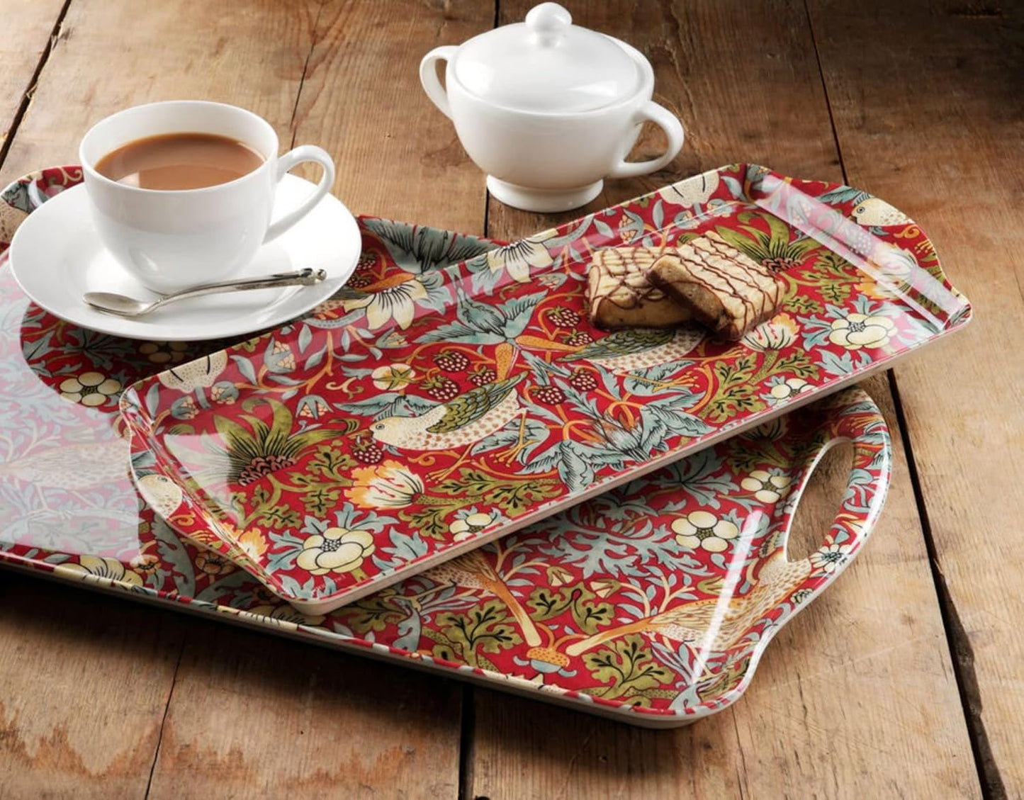 Pimpernel Morris & Co Strawberry Thief Sandwich Tray with Handles, Red - Decorative Melamine Serving Tray for Afternoon Tea, Coffee Table Display, Garden Party Entertaining, Cheese Board, Gifting