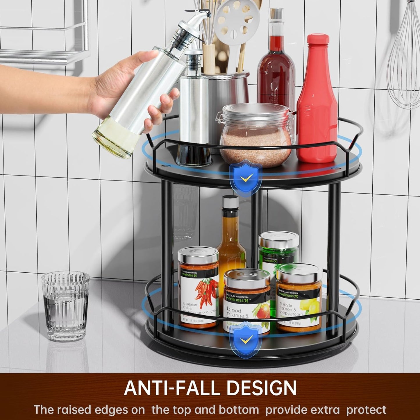 Lazy Susan Organizer 2 Tier - 9.2" Turntable Spice Rack for Table Top, Wooden Rotating Lazy Susan for Cabinet Pantry Kitchen Countertop Dining Table Cupboard Bathroom Vanity Storage(Black)