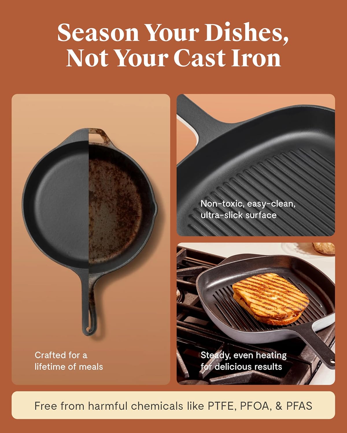 Caraway Enameled Cast Iron Grill Pan - 10.5” Grill Pan for Stovetop Cooking - 3 Layer Enamel Coating - No Seasoning Required - Compatible With All Stovetops - Free From Forever Chemicals - Gray