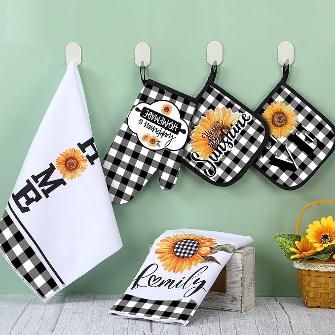 5 Pieces Buffalo Plaid Kitchen Towels Oven Mitts and Pot Holder Set Black and - Image 6