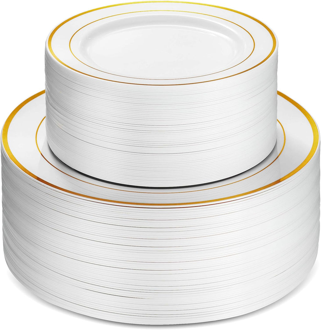 Munfix 100 Piece Plastic Party Plates White Gold Rim, 50 Premium Heavy Duty 10.25 Inch Dinner Plates and 50 Disposable 7.5 Inch Dessert Appetizer Elegant Fancy Heavy Duty Wedding Plates