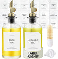 Olive Oil Dispenser Bottle - Includes 55 Kitchen Essential Labels - Cooking Oil Bottles for Kitchen, Coffee Syrup Dispenser - Pourer Spout with 11.8 fl oz Glass Container Cruet - 2pcs, Gold