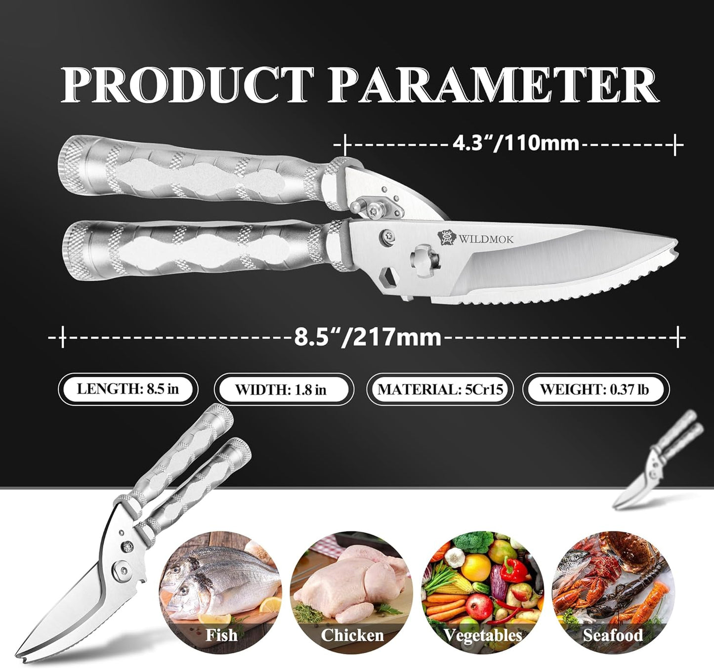 WILDMOK Heavy Duty Poultry Shears - 8.5 Inch Multi-function Stainless Steel Poultry Outdoor Shears, Ultra Sharp Kitchen Scissors for Outdoor Camp, White